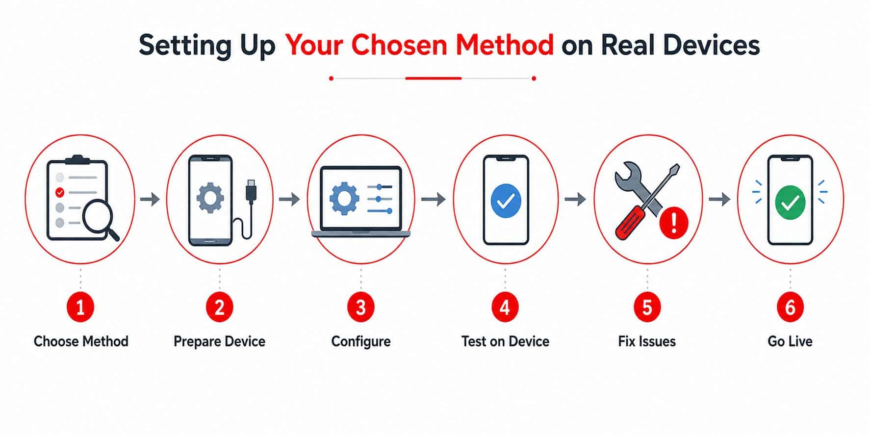 A six-step infographic showing the process for setting up a chosen method on real mobile devices.