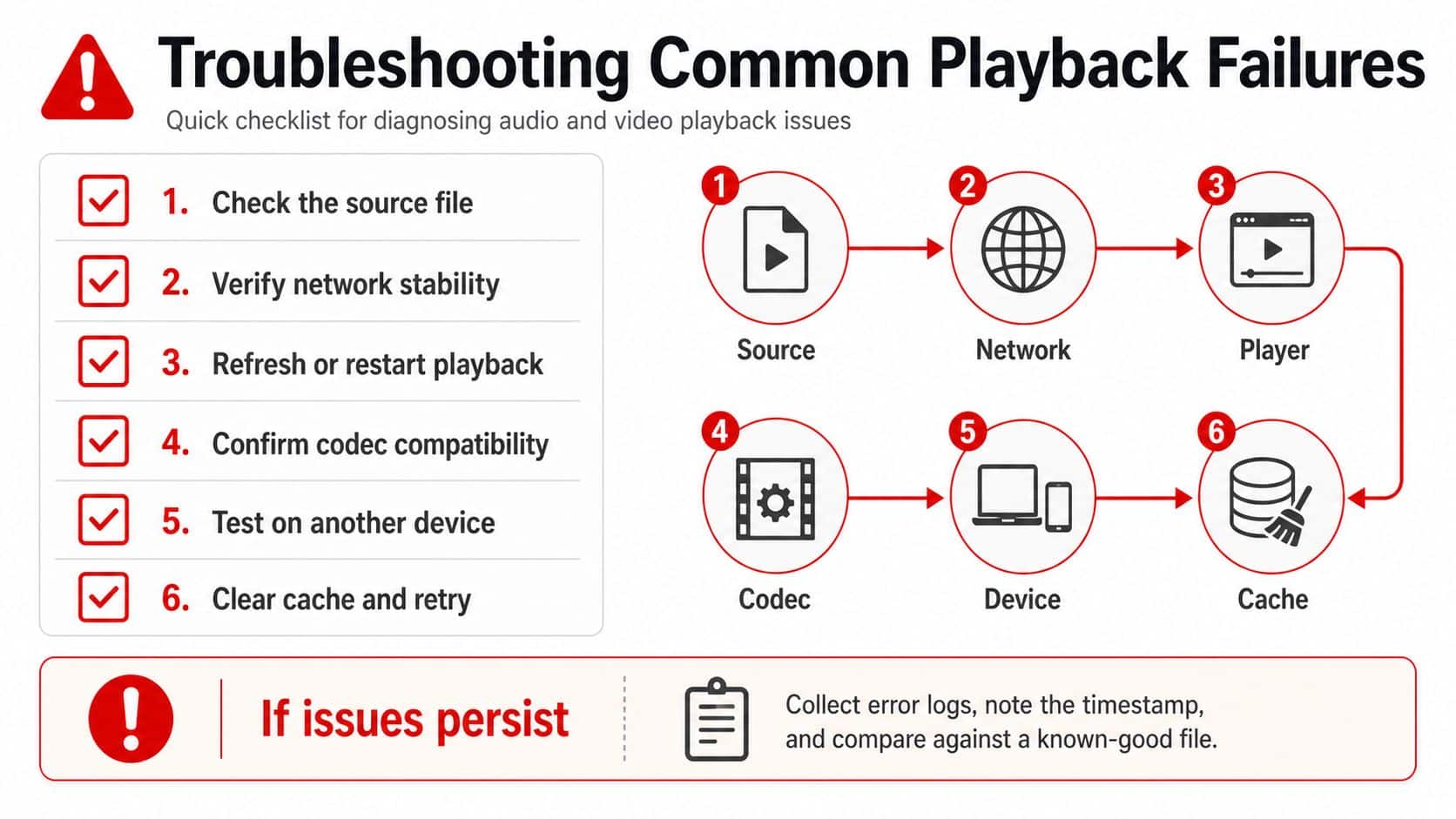 A troubleshooting checklist infographic for diagnosing common audio and video playback issues on digital platforms.
