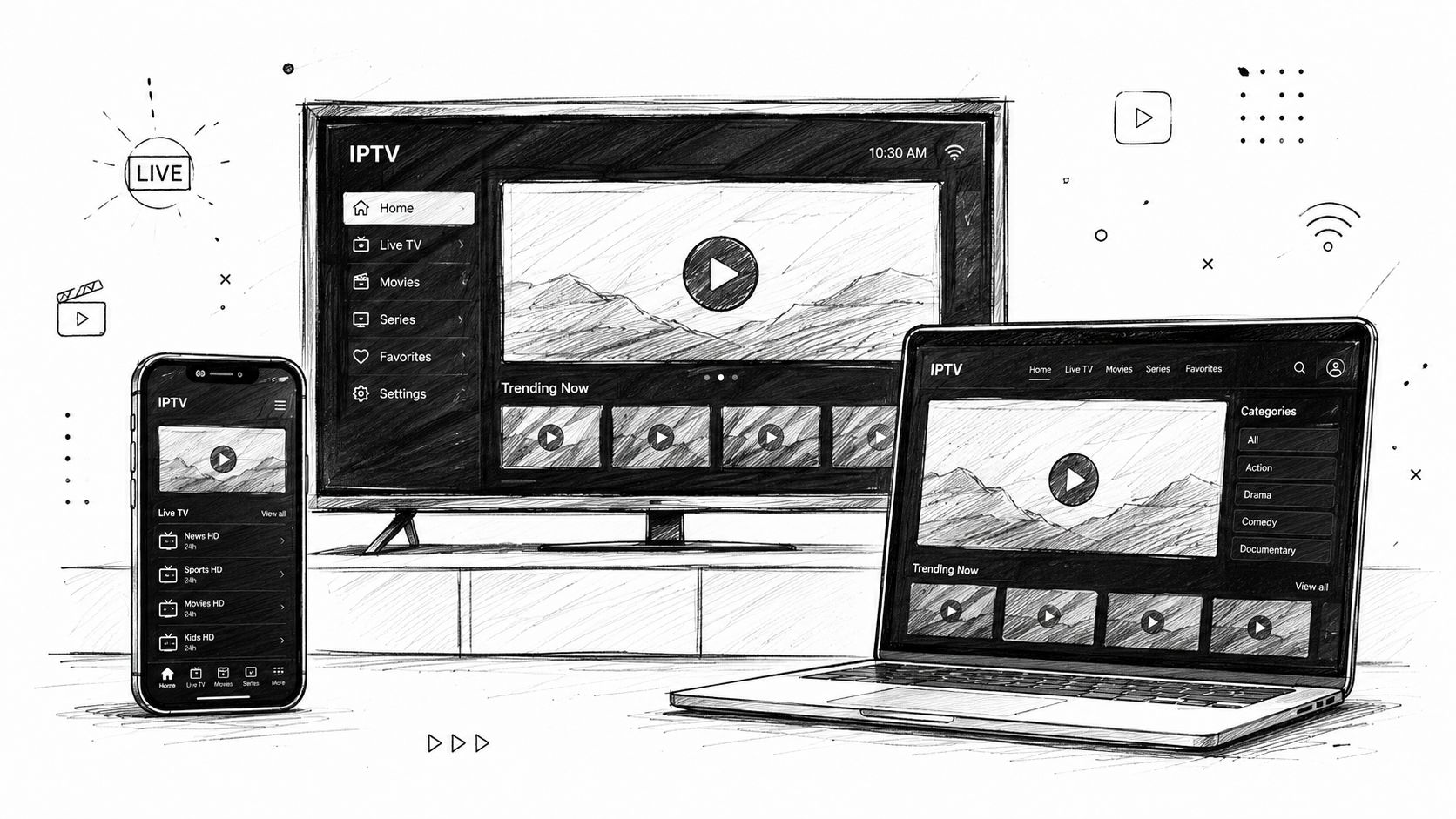 A hand-drawn illustration showing IPTV app interfaces displayed on a smartphone, television, and laptop screen.