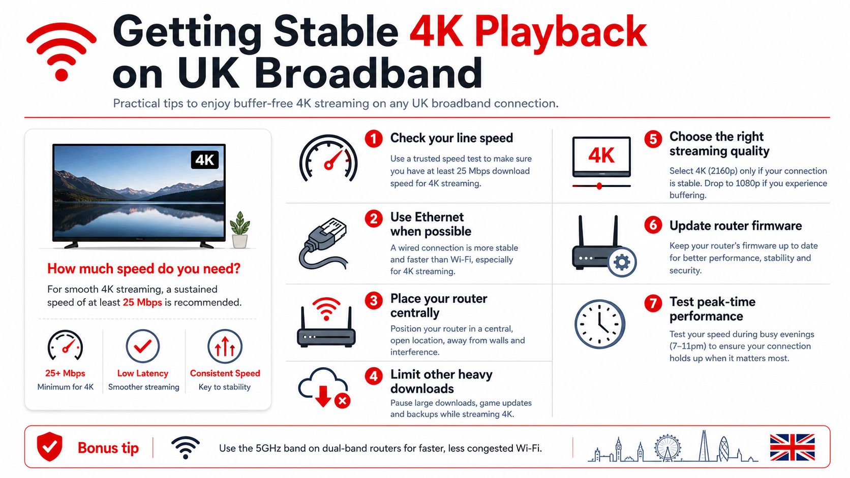 An infographic detailing seven practical tips to ensure stable 4K video streaming on UK broadband connections.