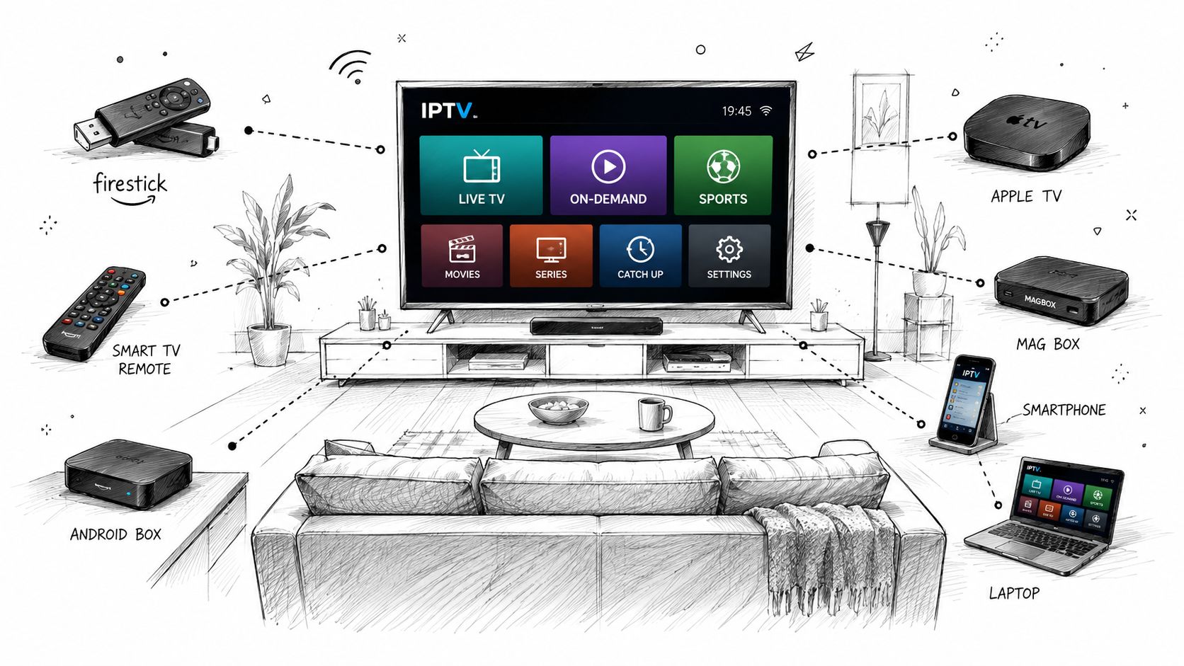 A conceptual sketch showing various devices used to stream IPTV services on television, mobile, and laptop.