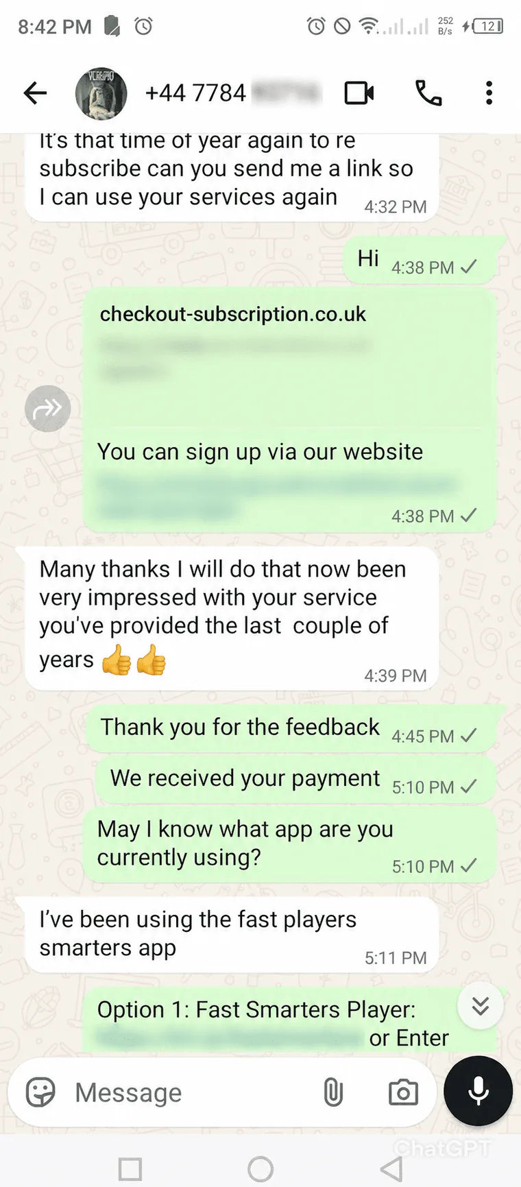 Returning customer saying they have been impressed with the service over several years