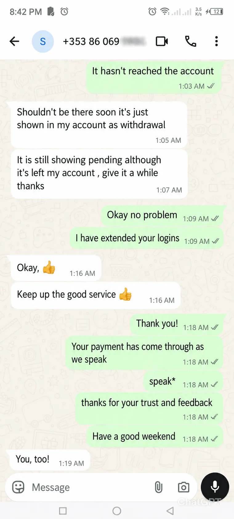 Customer asking the team to keep up the good service after renewing