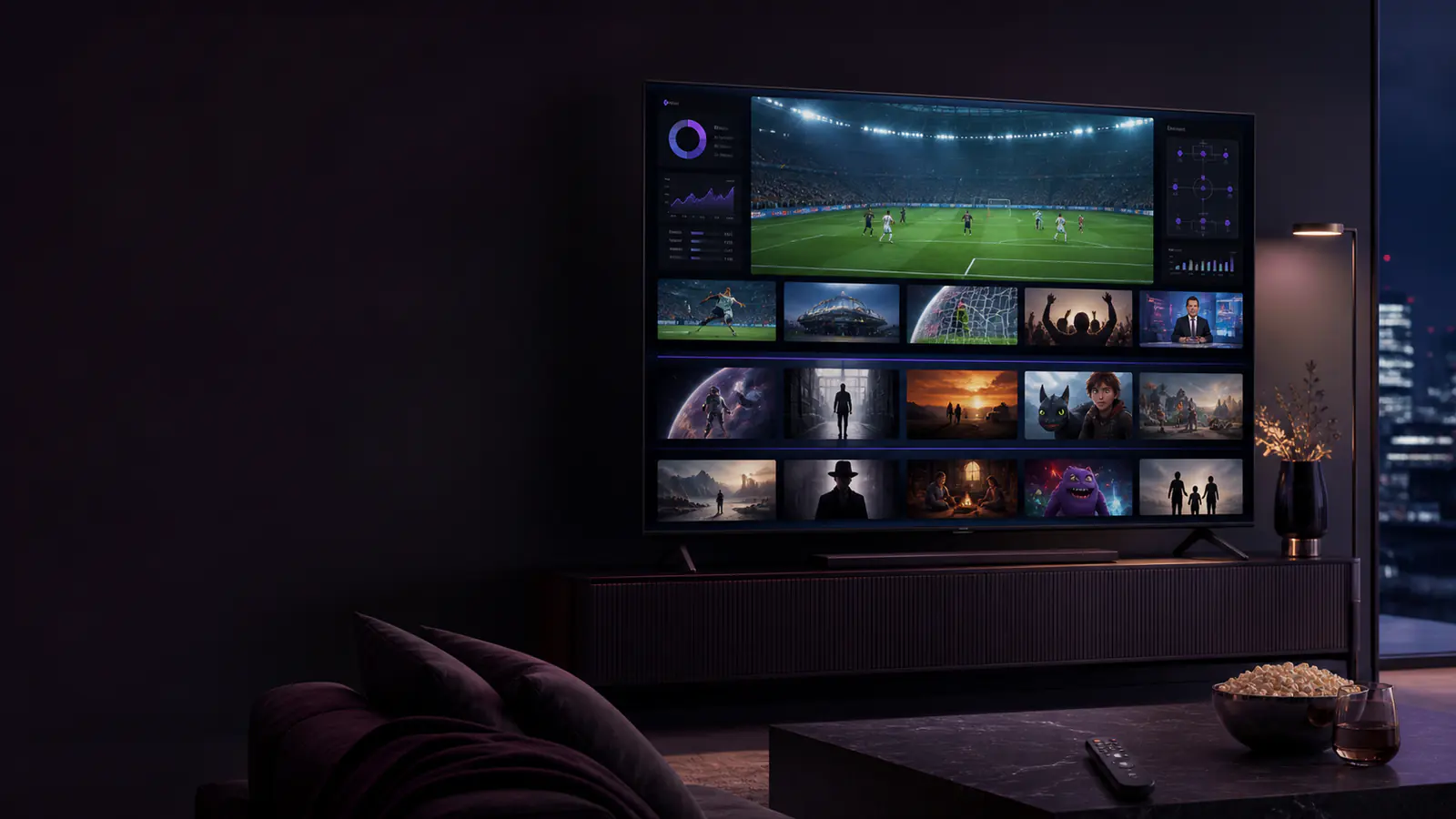 Premium live television, sport and movie streaming displayed on a modern television